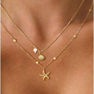 Shell Necklace Women 14k Gold-Plated Pearl Starfish Layered Summer Jewelry